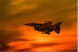 F-16i takes off at sunset