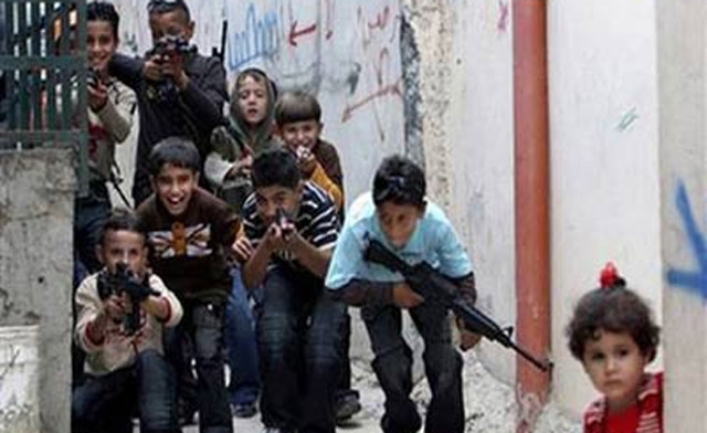 children playing with plastic gun