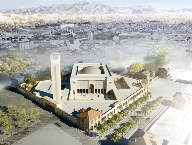 One rendering of the Grand Mosque of Marseille had a taller minaret than the one now planned.