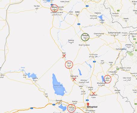 ISIS progress, moving toward Baghdad. Red circles show where ISIS have taken over full cities; X shows major clashes between Iraqi forces and ISIS. Green: Kurdish takeovers Google Maps/Annotations from A7 staff